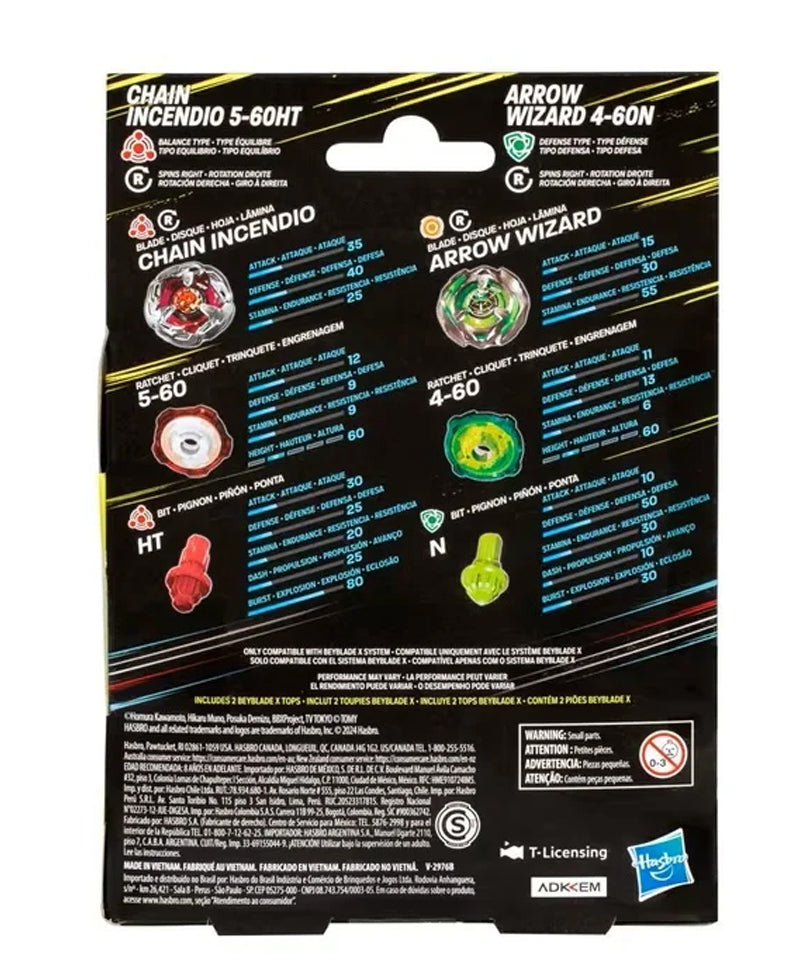 Beyblade X - Dual Pack: Chain Incendio 5-60HT & Arrow Wizard 4-60N