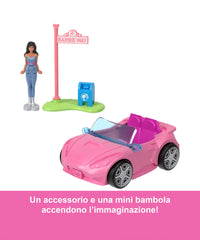 Mini Barbieland - Set con Veicolo e Bambola da 3,8 Cm, Decappottabile con Effetto Cambia Colore