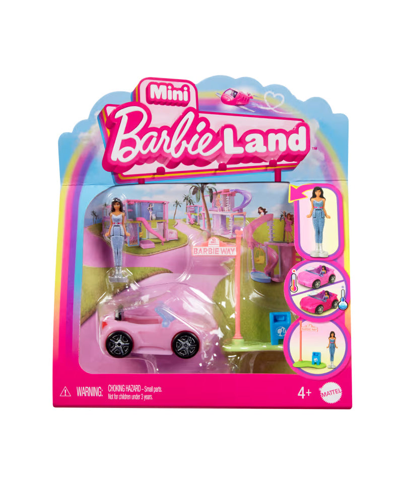 Mini Barbieland - Set con Veicolo e Bambola da 3,8 Cm, Decappottabile con Effetto Cambia Colore