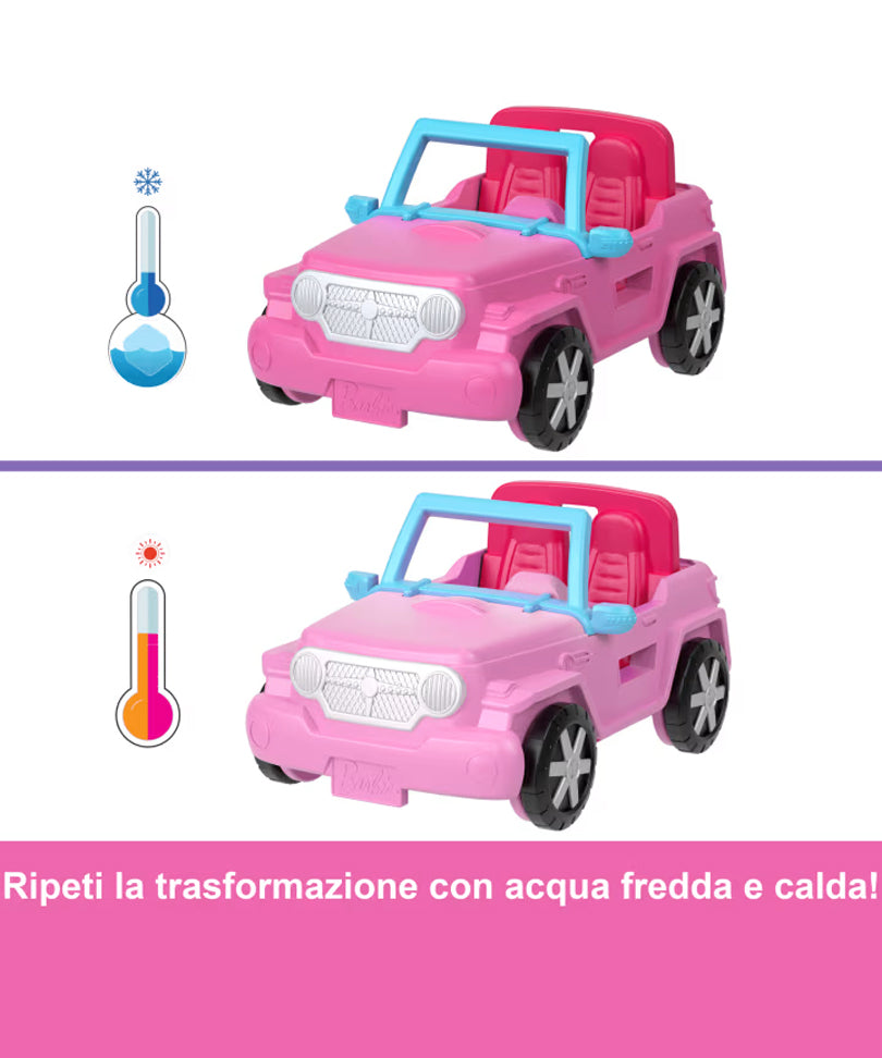 Mini Barbieland - Set con Veicolo e Bambola da 3,8 Cm, Suv Cambia Colore e Tenda