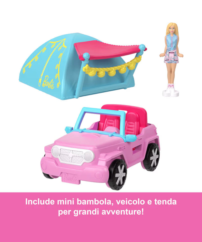 Mini Barbieland - Set con Veicolo e Bambola da 3,8 Cm, Suv Cambia Colore e Tenda
