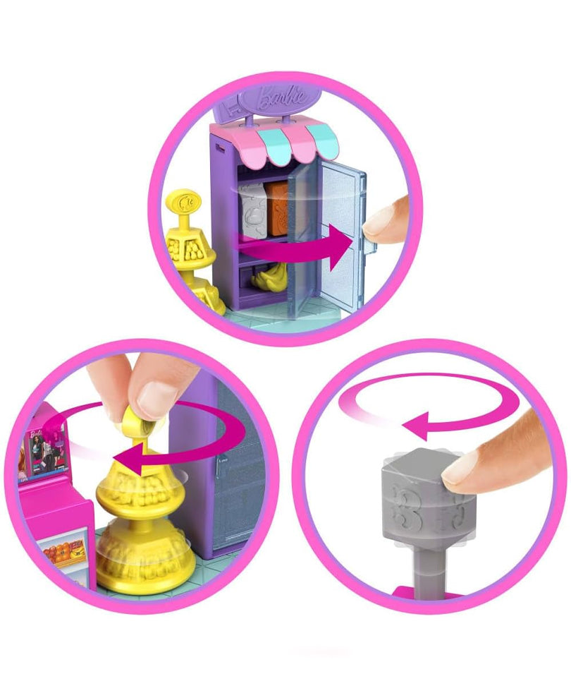 Mini BarbieLand - Set Supermercato con Bambola da 3,8 cm, Scaffali per prodotti, Bancone per la Cassa e Carrello della Spesa