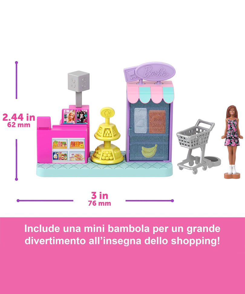 Mini BarbieLand - Set Supermercato con Bambola da 3,8 cm, Scaffali per prodotti, Bancone per la Cassa e Carrello della Spesa