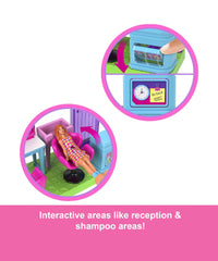 Mini BarbieLand – Set Parrucchiera con Bambola da 3,8 cm, Hair Saloon con Specchio, Area Shampoo e Reception