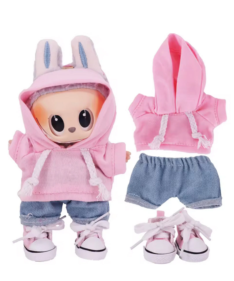 Set Outfit Felpa Rosa, Jeans e Scarpe Rosa per Labubu (17 cm)