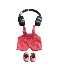 Set Outfit Salopette Rossa, Cuffie Nere e Scarpe Marroni per Labubu (17 cm)