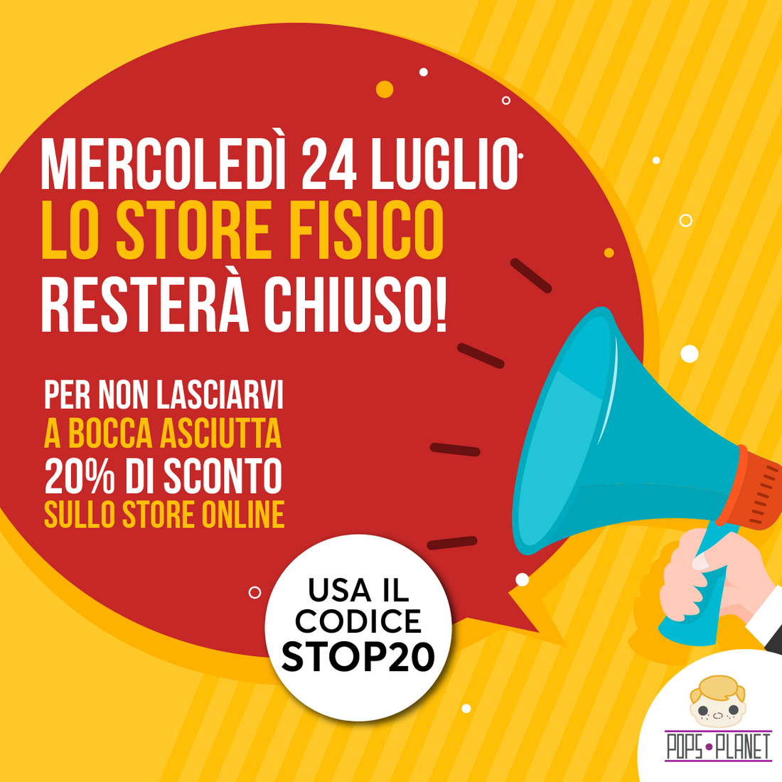 Oggi il nostro store fisico rimarrà chiuso, per non lasciarvi a bocca asciutta 20% di sconto su tutto il catalogo prodotti