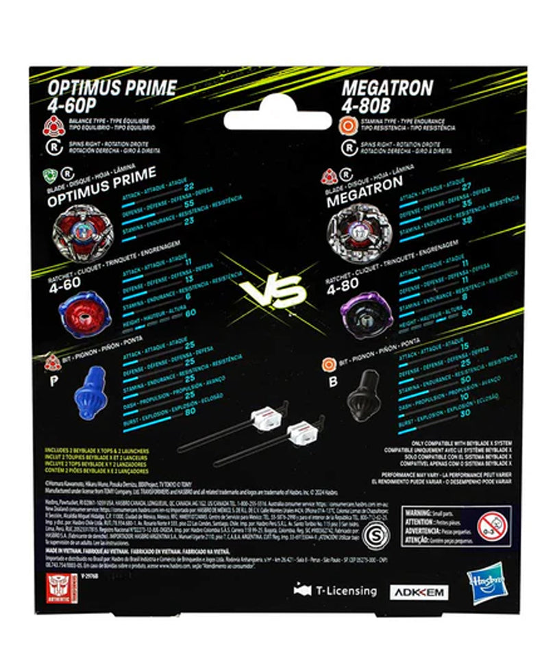 Beyblade X - Transformers Dual Pack: Optimus Prime 4-60P e Megatron 4-80B