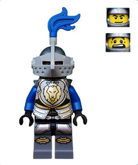 Castle - King's Knight Armor with Lion Head with Crown, Helmet with Pointed Visor, Blue Plume, Determined / Open Mouth Scared Pattern