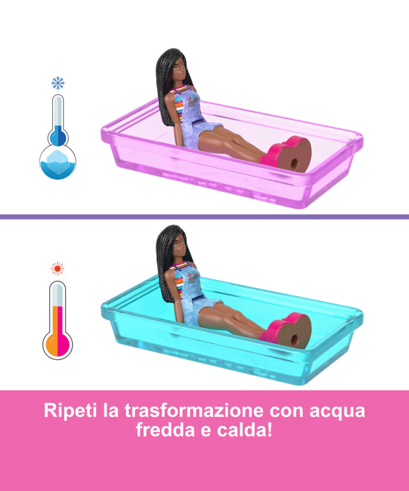 Mini Barbieland - Set Bambola e Veicolo con Bambola da 3,8 Cm, Camper dei Sogni con Piscina Cambia Colore