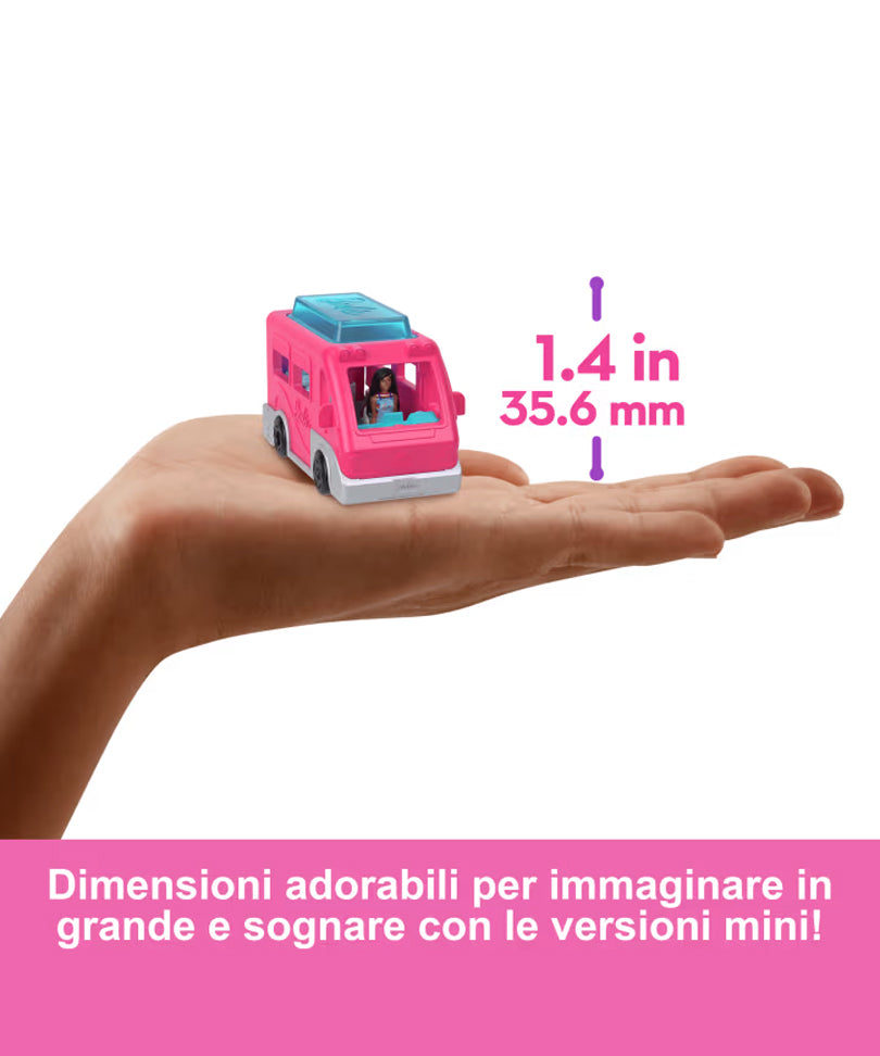 Mini Barbieland - Set Bambola e Veicolo con Bambola da 3,8 Cm, Camper dei Sogni con Piscina Cambia Colore