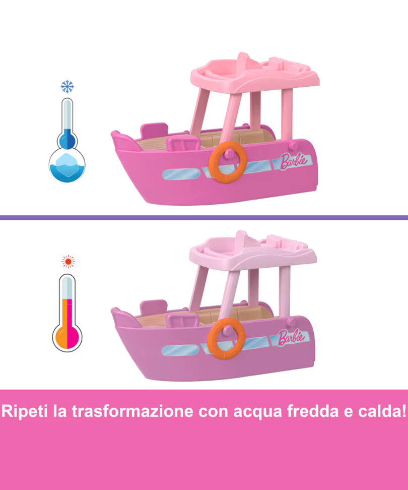 Mini Barbieland - Set con Veicolo e Bambola da 3,8 Cm, Barca dei Sogni con Effetto Cambia Colore