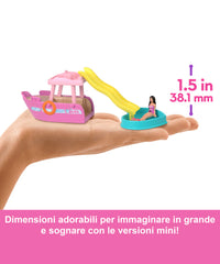 Mini Barbieland - Set con Veicolo e Bambola da 3,8 Cm, Barca dei Sogni con Effetto Cambia Colore