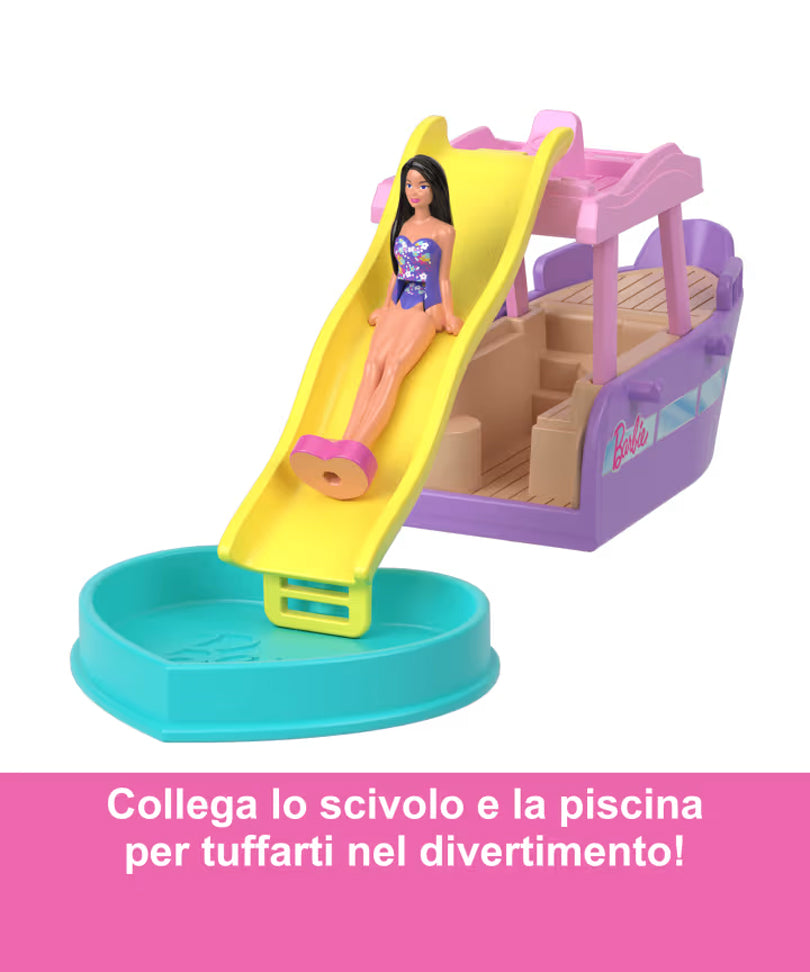 Mini Barbieland - Set con Veicolo e Bambola da 3,8 Cm, Barca dei Sogni con Effetto Cambia Colore