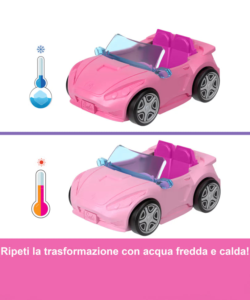 Mini Barbieland - Set con Veicolo e Bambola da 3,8 Cm, Decappottabile con Effetto Cambia Colore