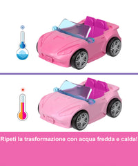Mini Barbieland - Set con Veicolo e Bambola da 3,8 Cm, Decappottabile con Effetto Cambia Colore