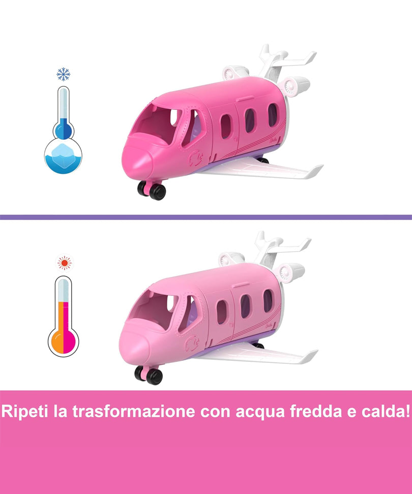 Mini BarbieLand - Set mini Aereo dei Sogni e Bambola da 3,8 cm, Veicolo con Sorpresa Cambia Colore