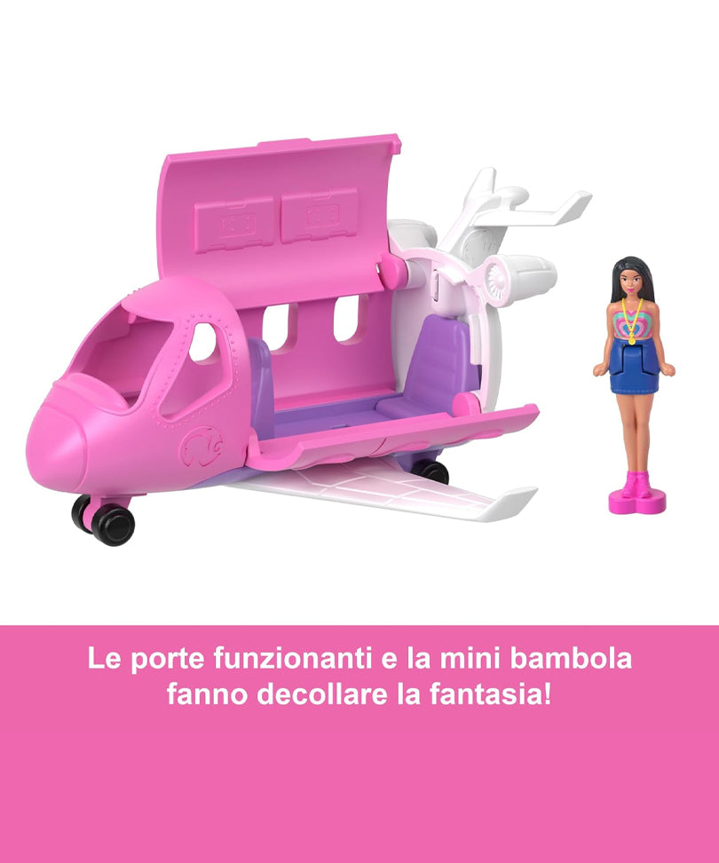 Mini BarbieLand - Set mini Aereo dei Sogni e Bambola da 3,8 cm, Veicolo con Sorpresa Cambia Colore