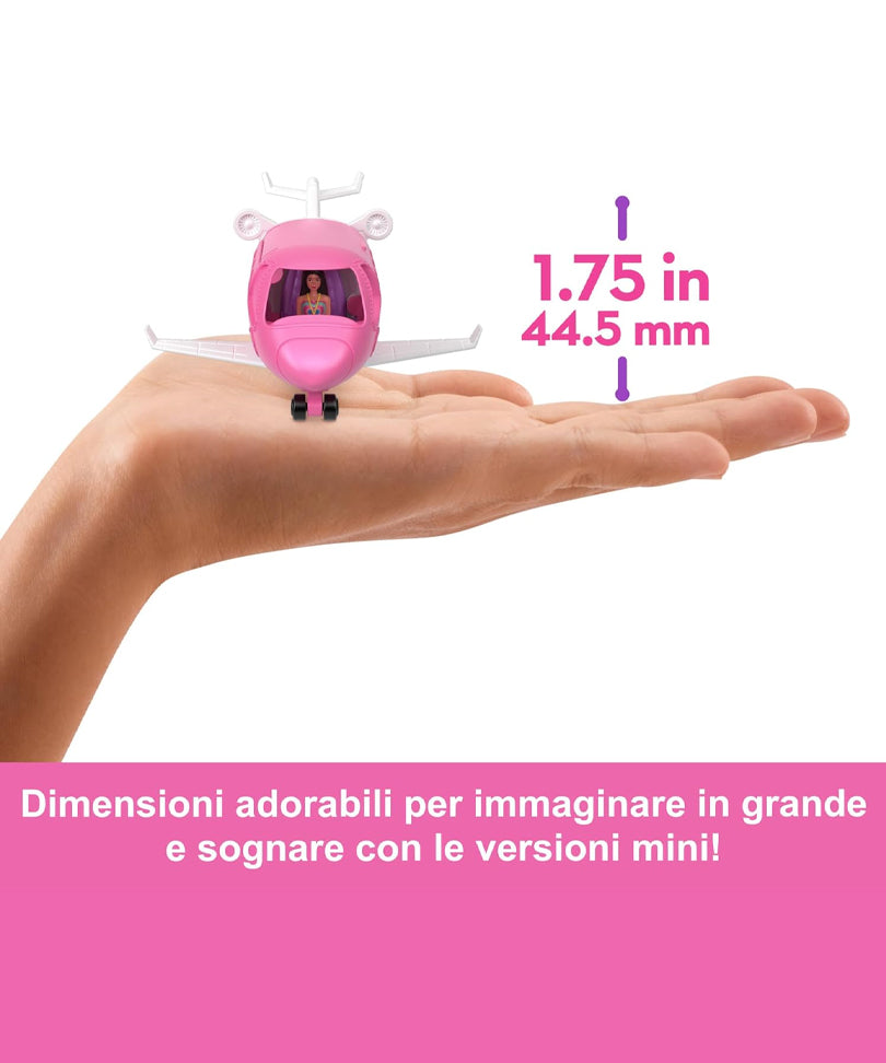 Mini BarbieLand - Set mini Aereo dei Sogni e Bambola da 3,8 cm, Veicolo con Sorpresa Cambia Colore
