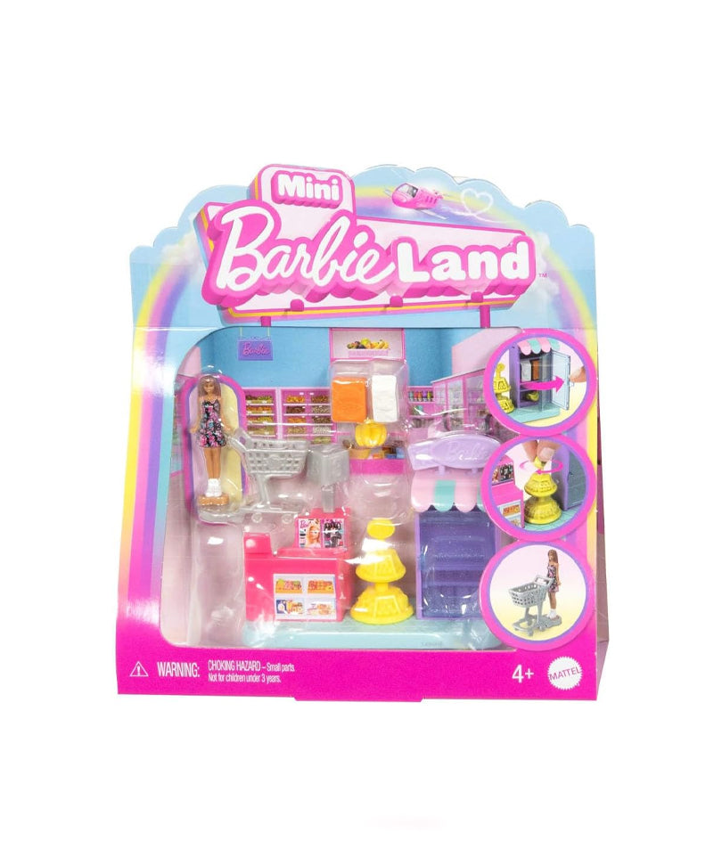 Mini BarbieLand - Set Supermercato con Bambola da 3,8 cm, Scaffali per prodotti, Bancone per la Cassa e Carrello della Spesa