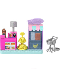 Mini BarbieLand - Set Supermercato con Bambola da 3,8 cm, Scaffali per prodotti, Bancone per la Cassa e Carrello della Spesa