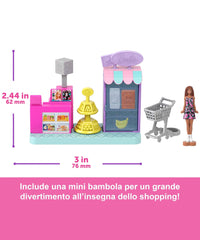 Mini BarbieLand - Set Supermercato con Bambola da 3,8 cm, Scaffali per prodotti, Bancone per la Cassa e Carrello della Spesa