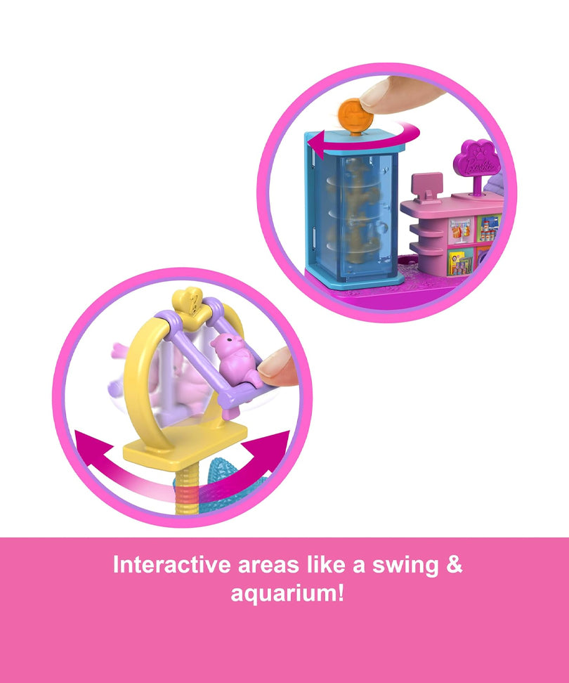 Mini BarbieLand – Set Boutique per Animali con Bambola da 3,8 cm, Espositore Prodotti, Cassa, Casetta per Animali e Cestini per Gatti