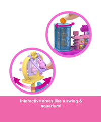 Mini BarbieLand – Set Boutique per Animali con Bambola da 3,8 cm, Espositore Prodotti, Cassa, Casetta per Animali e Cestini per Gatti