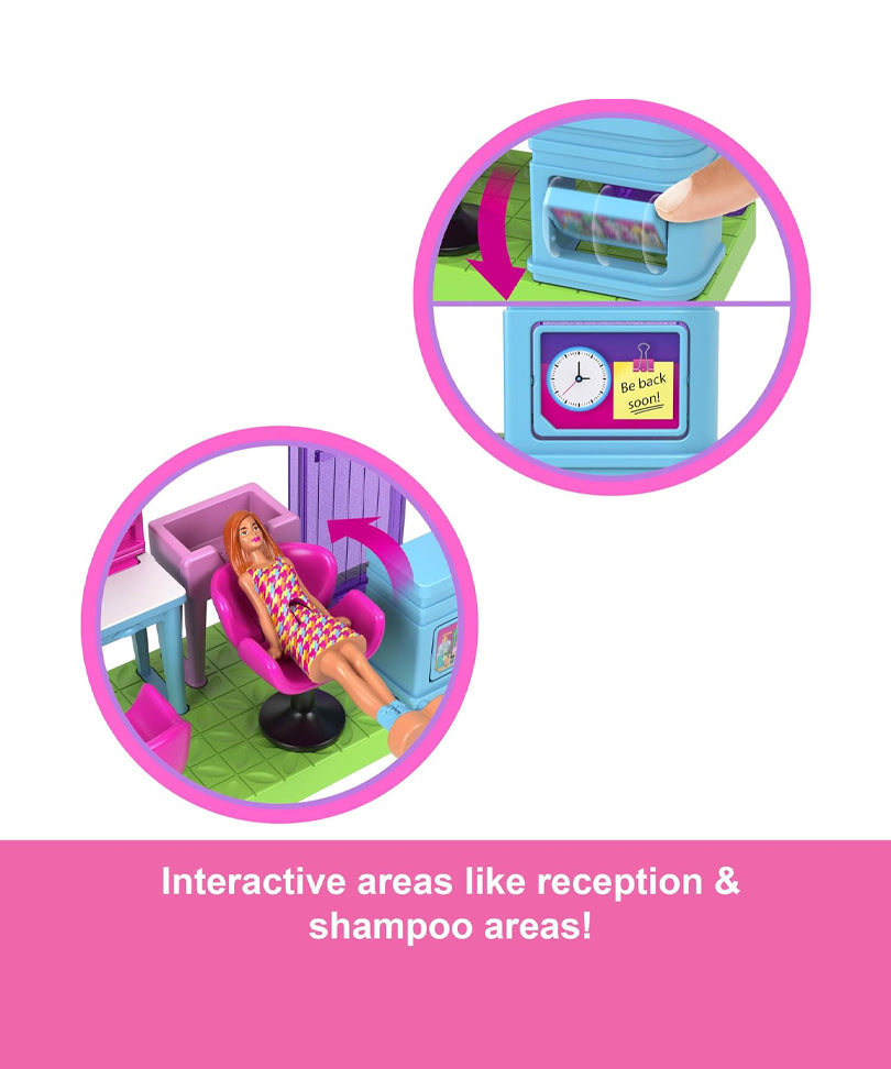 Mini BarbieLand – Set Parrucchiera con Bambola da 3,8 cm, Hair Saloon con Specchio, Area Shampoo e Reception
