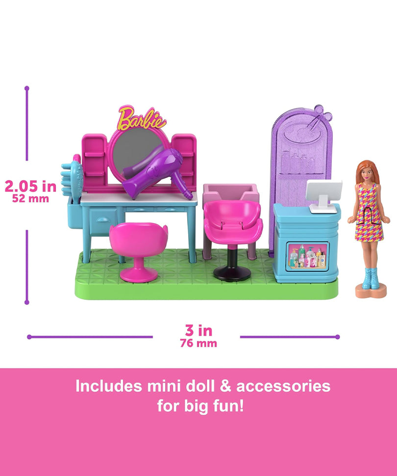Mini BarbieLand – Set Parrucchiera con Bambola da 3,8 cm, Hair Saloon con Specchio, Area Shampoo e Reception