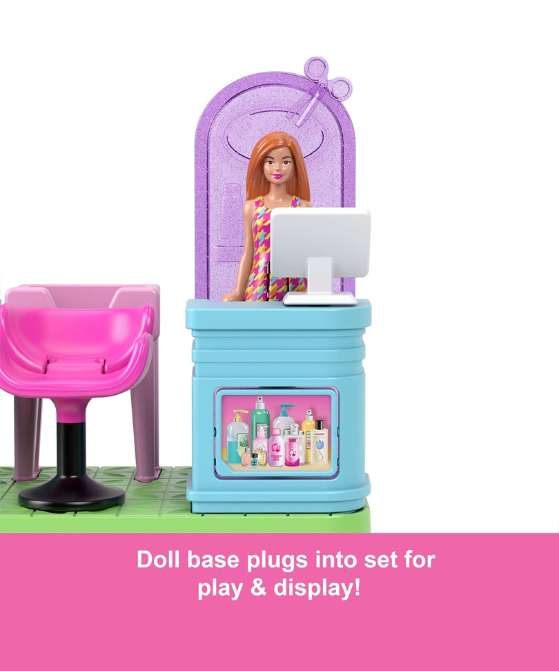 Mini BarbieLand – Set Parrucchiera con Bambola da 3,8 cm, Hair Saloon con Specchio, Area Shampoo e Reception